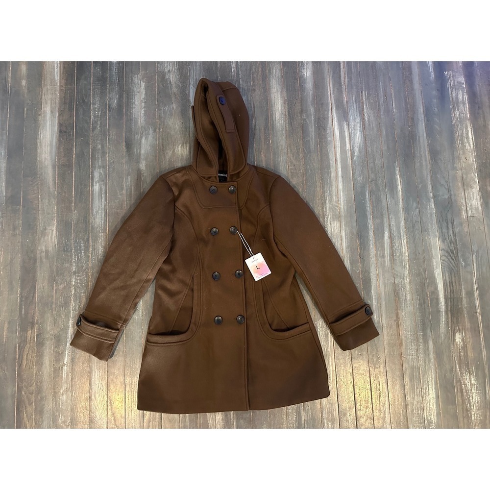 Tanming‎ Brown Double Breasted Pea Coat with Hood Size Large NWT
